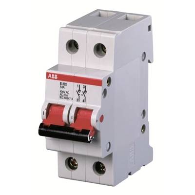 Ein zweipoliger Sicherungsautomat mit Hebel und technischer Spezifikation. Er dient zum Schutz elektrischer Schaltungen vor Überlastung.