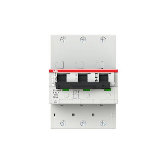 Ein dreipoliger Leistungsschalter, geeignet für den Schutz elektrischer Stromkreise, mit weißem Gehäuse und roten Elementen.