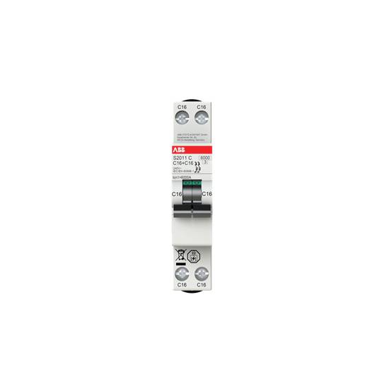 Ein zweipoliger Leistungsschalter von ABB mit der Bezeichnung 'S201-C16', geeignet für 16 Ampere, montiert auf DIN-Hutschiene.