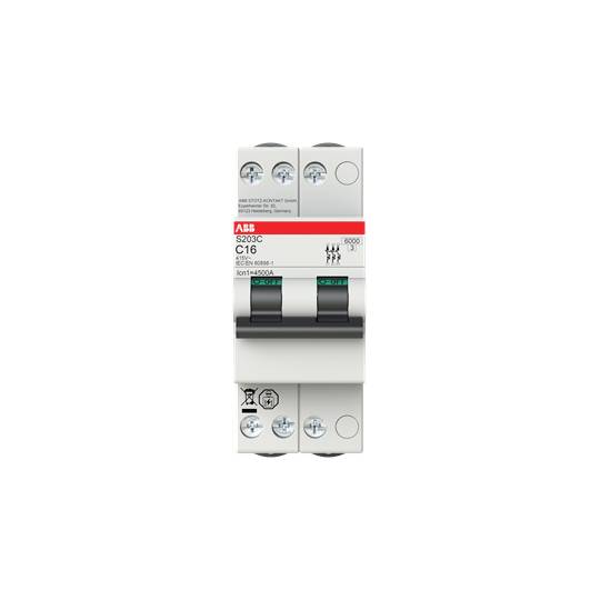 Leistungsschalter mit rotem Streifen und der Aufschrift 'ABB S203C C16'. Geeignet für 15kA bei 415V Wechselstrom.