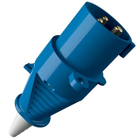 Ein blauer CEE-Stecker, typischerweise verwendet für industrielle Anwendungen, mit zwei metallischen Kontakten und geformtem Gehäuse.