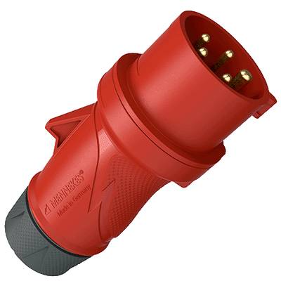 Roter elektrischer Stecker mit mehreren Kontakten, seitlich liegend, hergestellt in Deutschland.