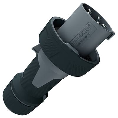 Schwarzer, zylindrischer elektrischer Stecker mit drei Metallkontakten, geeignet für industrielle Anwendungen.