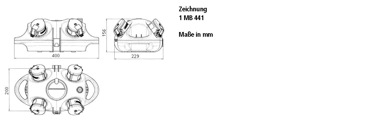 Technische Zeichnung eines Bauteils mit Maßen: 400 mm Breite, 230 mm Tiefe, 100 mm Höhe. Titel: 'Zeichnung 1 MB 441', Maße in mm.