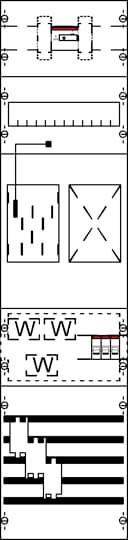 Technische Zeichnung eines mechanischen Bauteils mit Maßen, Querschnitten und Details von Verbindungen und Mechanismen.