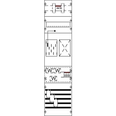 Technische Zeichnung eines mechanischen Bauteils mit Maßen, Querschnitten und Details von Verbindungen und Mechanismen.