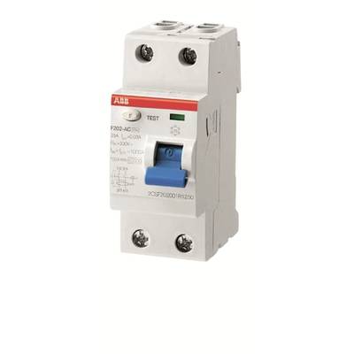 Ein FI-Schutzschalter von ABB mit blauem Schalter und Test-Knopf. Geeignet für Schutz vor elektrischen Stößen in Installationen.
