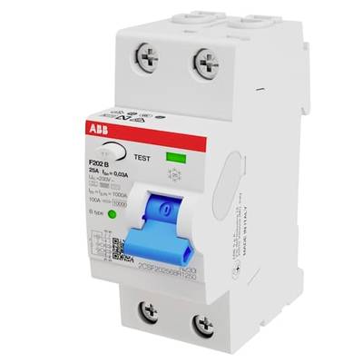 Ein weißer FI-Schutzschalter mit blauer Testtaste und roten Markierungen, geeignet für 25A und 230V/400V AC.