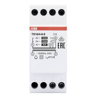 Ein ABB Transformator mit Modellnummer TS16/4-6-8. Zeigt Spannungsausgänge von 8V, 6V und 4V bei unterschiedlichen VA-Werten.