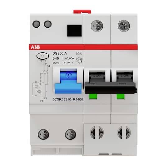 Ein zweipoliger Schutzschalter mit Testknopf und blauen sowie schwarzen Hebeln, geeignet für 230V und 4000A Maximalstrom.