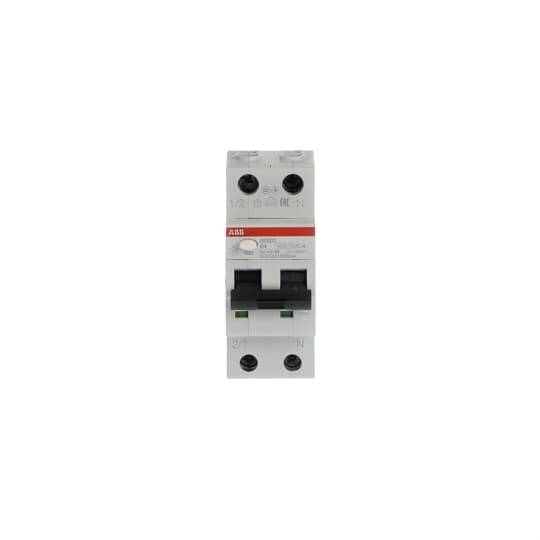 Ein elektrischer Leistungsschalter mit zwei schwarzen Schaltern und rotem Label in der Mitte auf weißem Gehäuse, Markenname sichtbar.