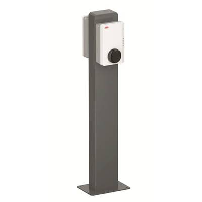 Eine Ladestation für Elektrofahrzeuge auf einem grauen Standfuß. Sie ist kompakt und verfügt über eine Steckdose an der Vorderseite.