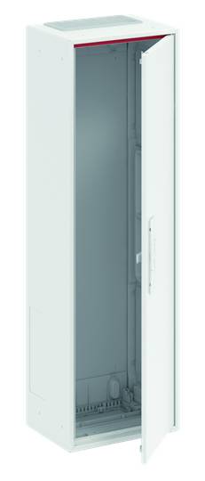 Ein weißer, leerer Metallschrank mit geöffneter Tür, geeignet für die Aufbewahrung von elektrischen Geräten oder Kabeln.