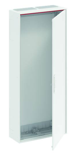 Ein weißer, geöffneter Metallschrank mit einer Tür, die leicht nach rechts geneigt ist. Geeignet zur Aufbewahrung von elektrischen Geräten.