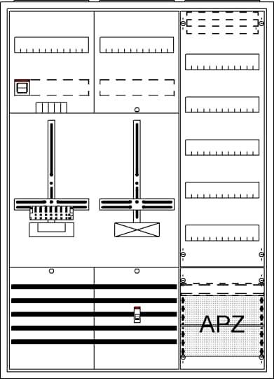 Elektrisches Schaltbild mit mehreren Schaltern und Leitungen, an der Seite mit der Beschriftung 'APZ'.