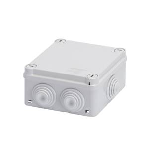 Weiße, quadratische Abzweigdose mit mehreren Kabelzuführungen, geeignet für Elektrokabelverbindungen.