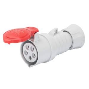 Ein weißer Industrie-Stecker mit rotem Deckel, geeignet für Starkstromverbindungen, zeigt fünf runde Anschlusslöcher.