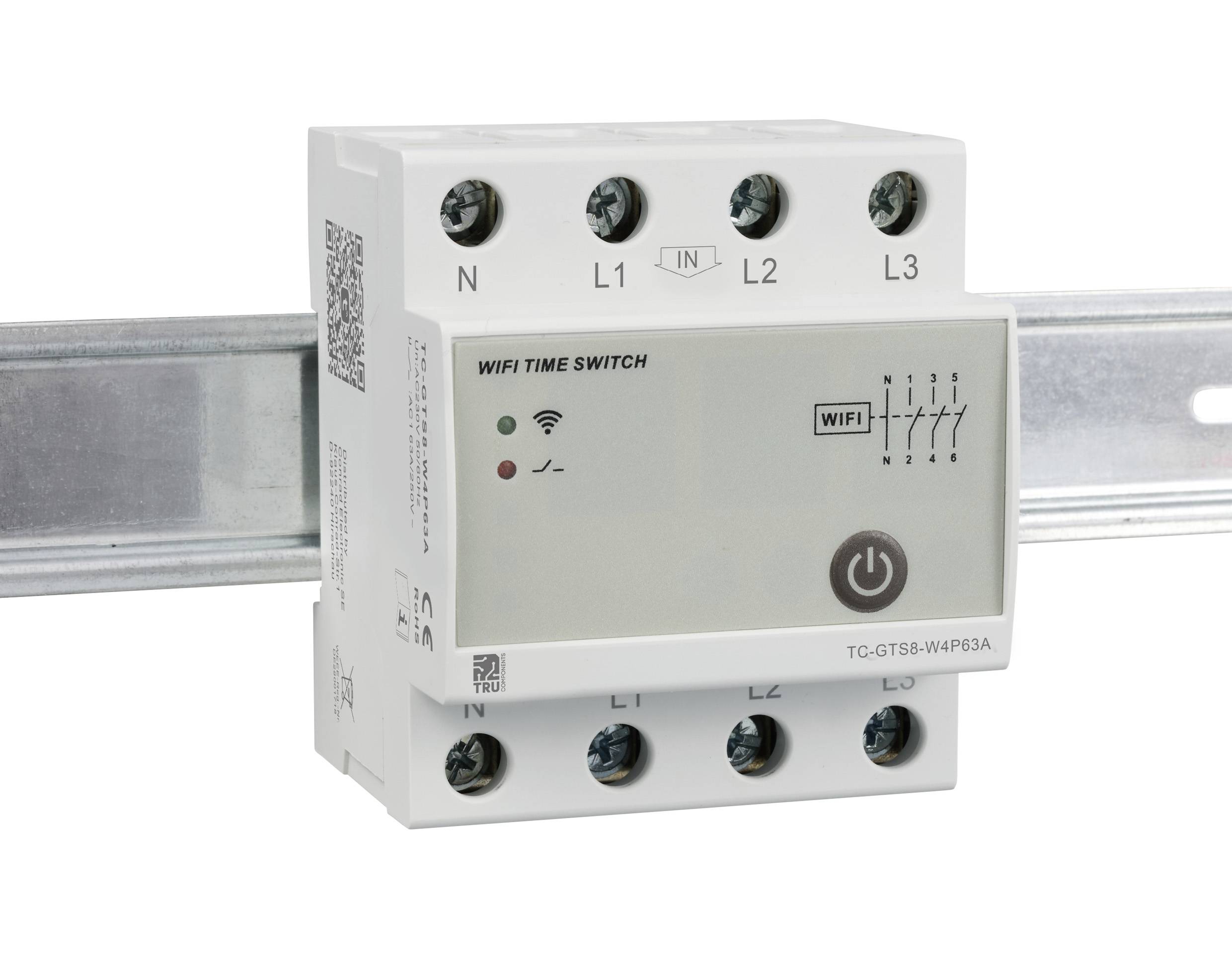 'WIFI TIME SWITCH' mit mehreren Anschlüssen auf einer Montageschiene. Zeigt Symbole für WLAN-Verbindung und Betriebsstatus.