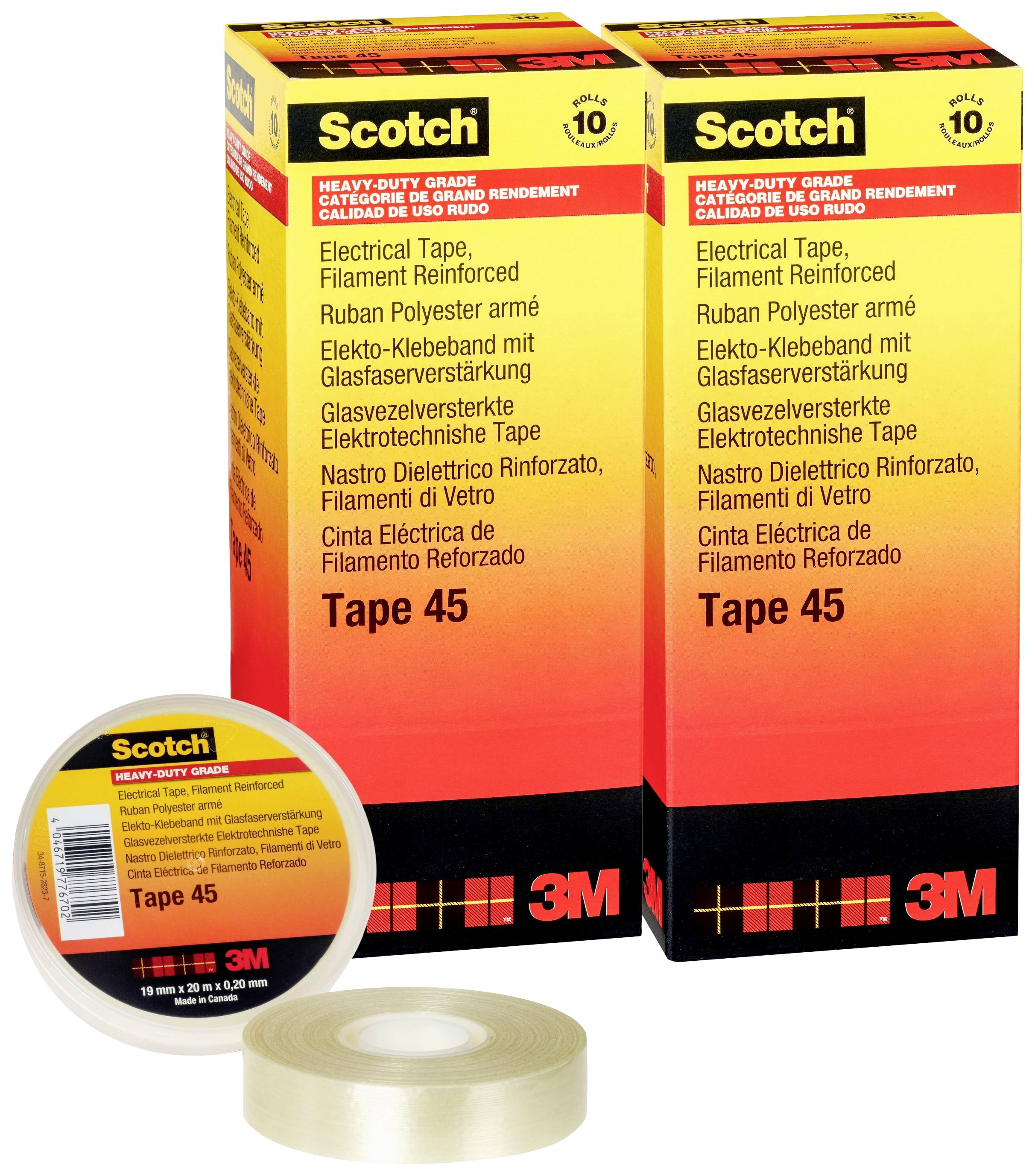 Zwei orange-gelbe Boxen und eine transparente Rolle mit der Aufschrift 'Scotch Tape 45'. Elektrisches Verstärkungsband für professionelle Anwendungen.