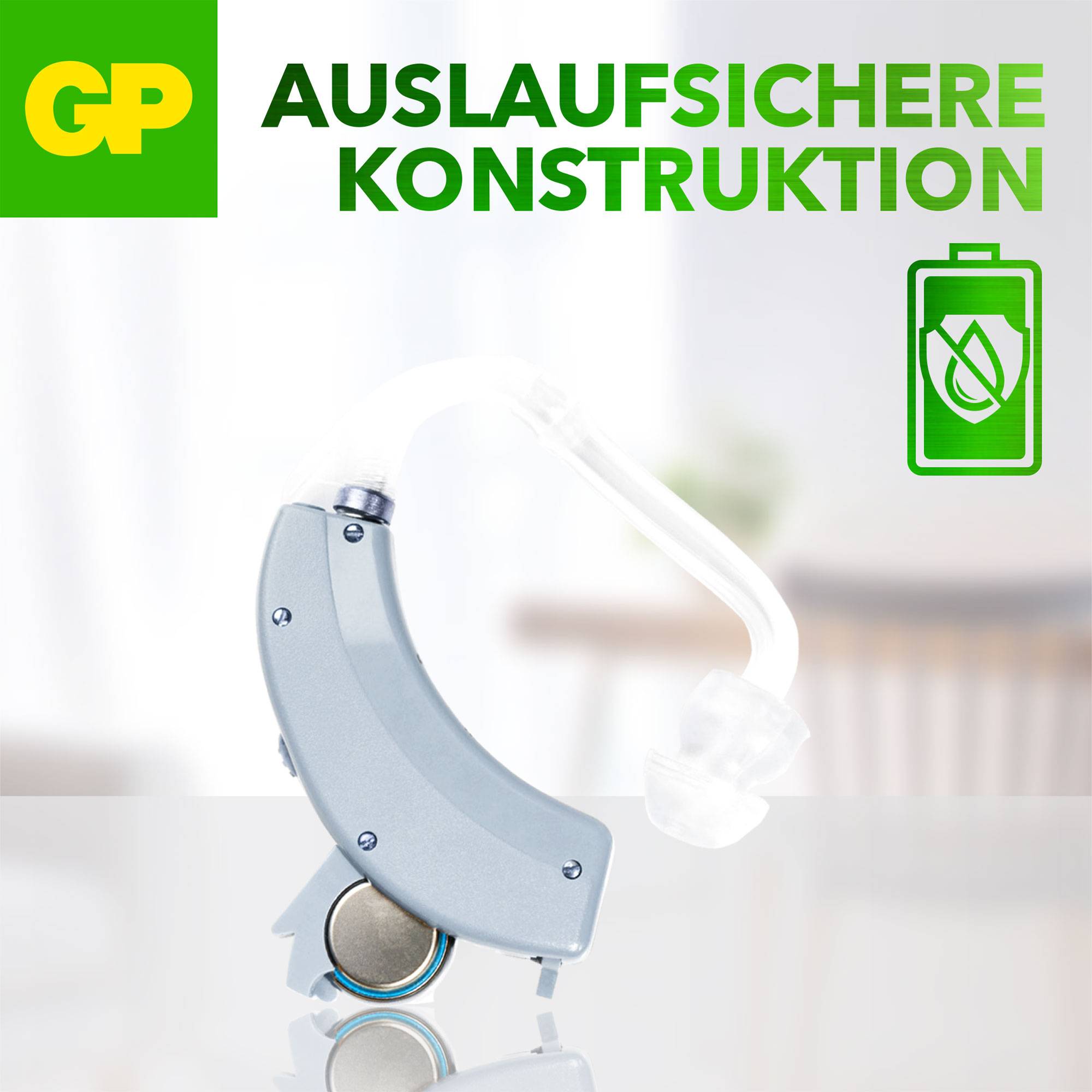 'Auslaufsichere Konstruktion' steht oben rechts, illustriert durch eine silberne Verpackungsstation. Grünes GP-Logo links oben.