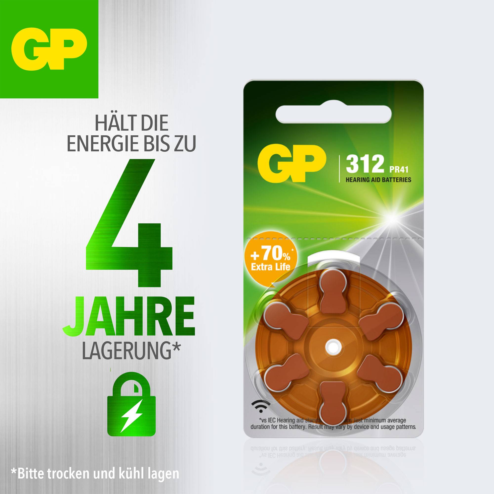 'GP 312 PR41 Hörgerätebatterien', bis zu 4 Jahre Energiedauer, 70% längere Laufzeit, Aufbewahrung trocken und kühl.
