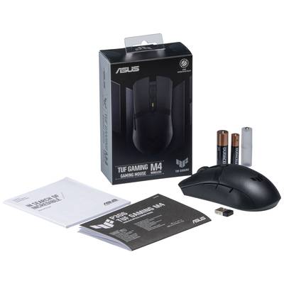 'ASUS TUF Gaming M4 Wireless Maus' mit Verpackung, Batterien, USB-Dongle, Handbuch und Garantieheft auf weißem Hintergrund.