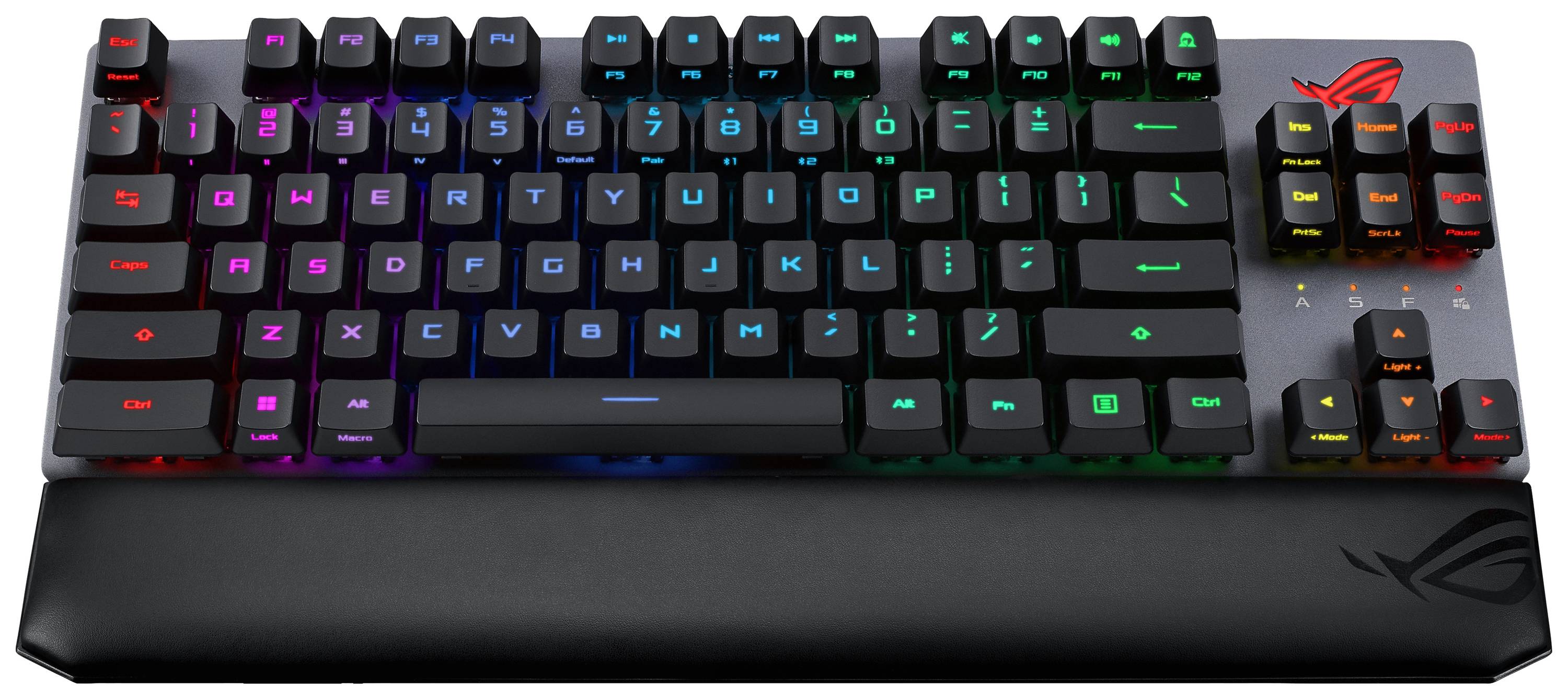 RGB-beleuchtete mechanische Gaming-Tastatur mit Handballenauflage. Tasten leuchten in verschiedenen Farben. Markantes Logo oben rechts.