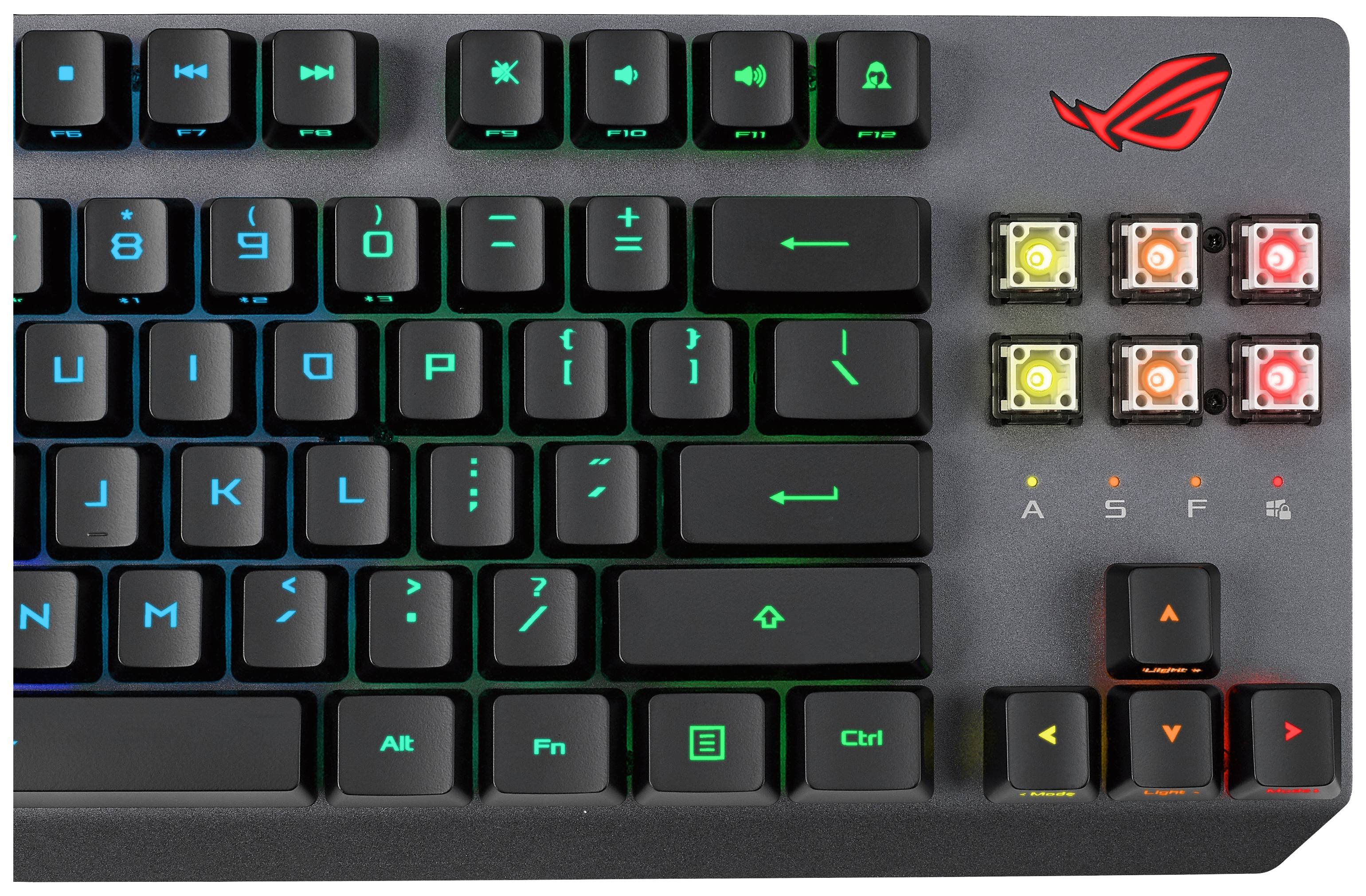 Gaming-Tastatur mit RGB-Beleuchtung, nummerierten Tasten, und einem Logo in der Ecke oben rechts.
