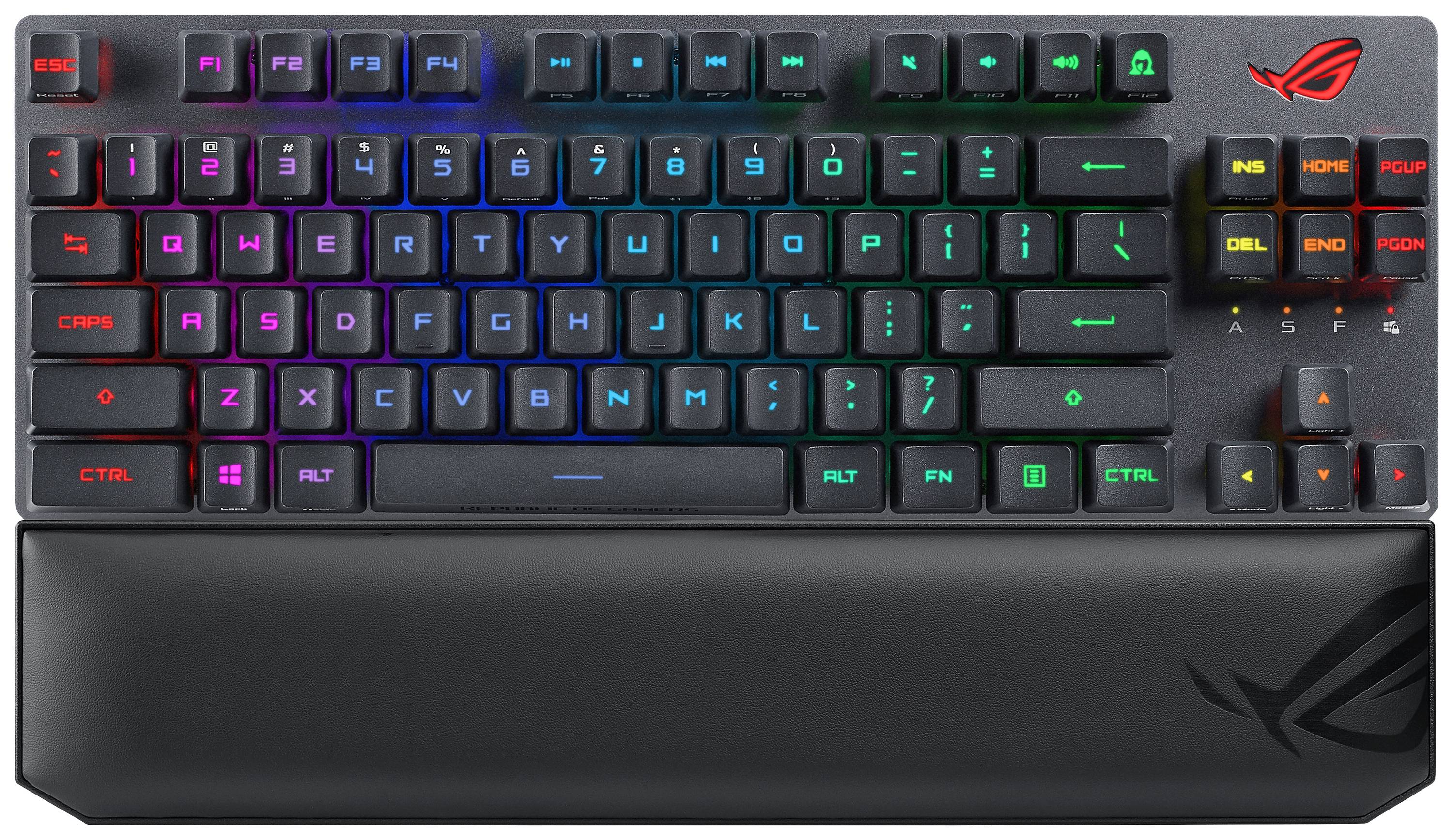 Mechanische Gaming-Tastatur mit RGB-Hintergrundbeleuchtung und ergonomischer Handballenauflage. Tasten leuchten in verschiedenen Farben.
