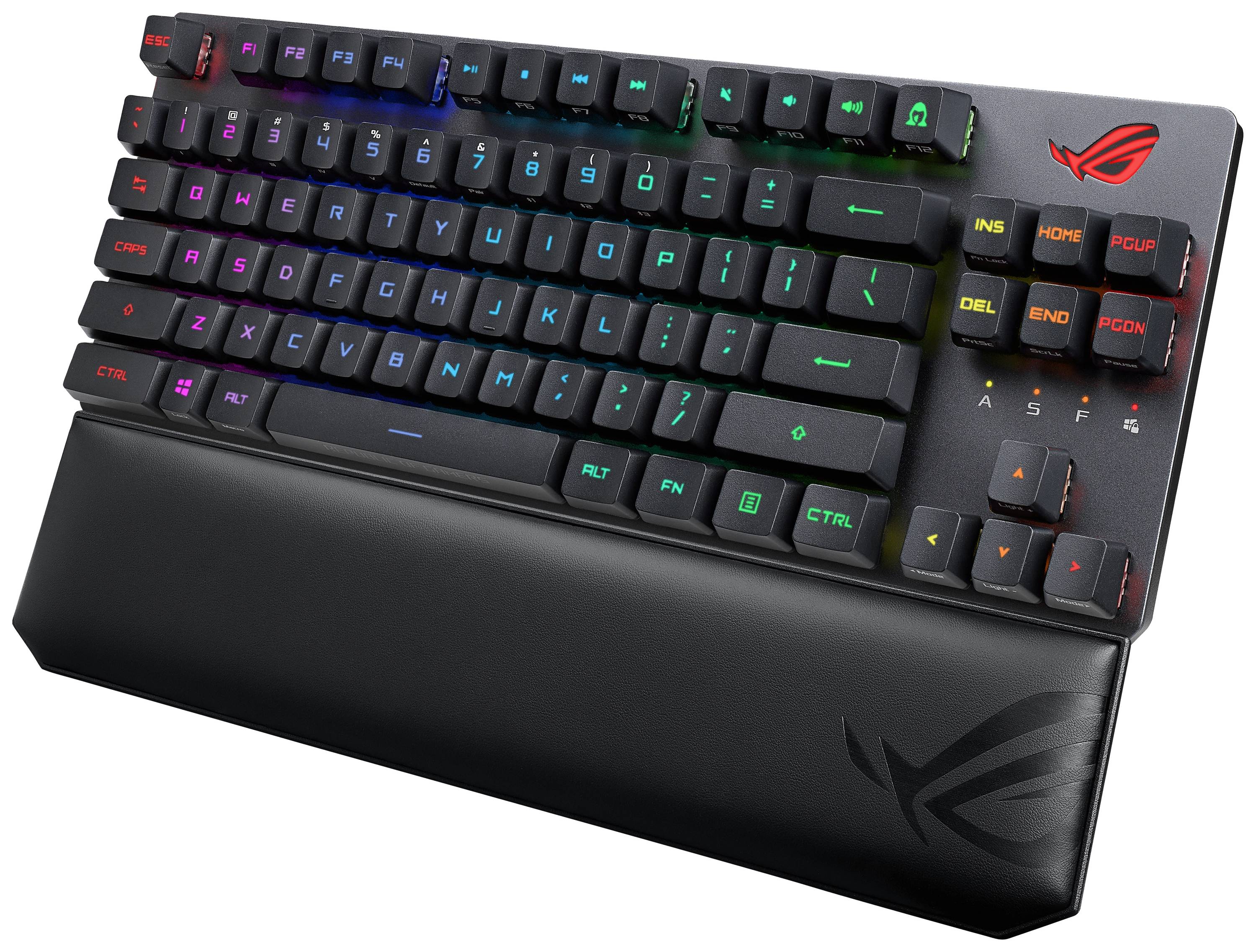 Mechanische Tastatur mit RGB-Beleuchtung, abnehmbarer Handballenauflage und ROG-Logo, Tasten für Multimedia und Programmierung.