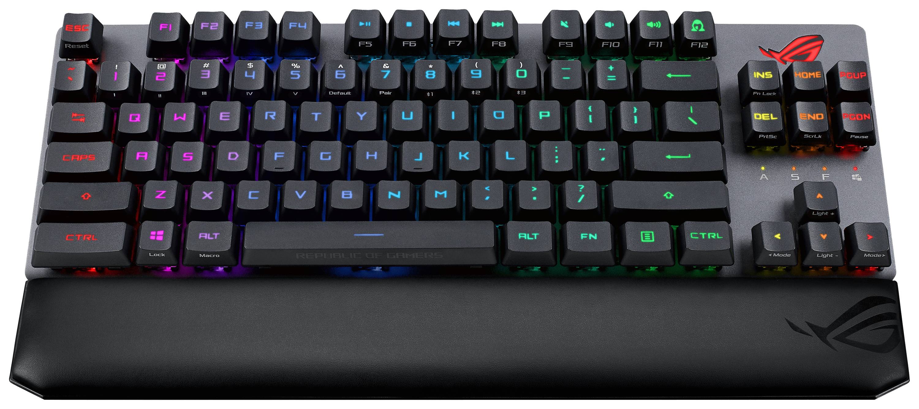 Eine schwarze mechanische Gaming-Tastatur mit bunter RGB-Hintergrundbeleuchtung und ergonomischer Handballenauflage.