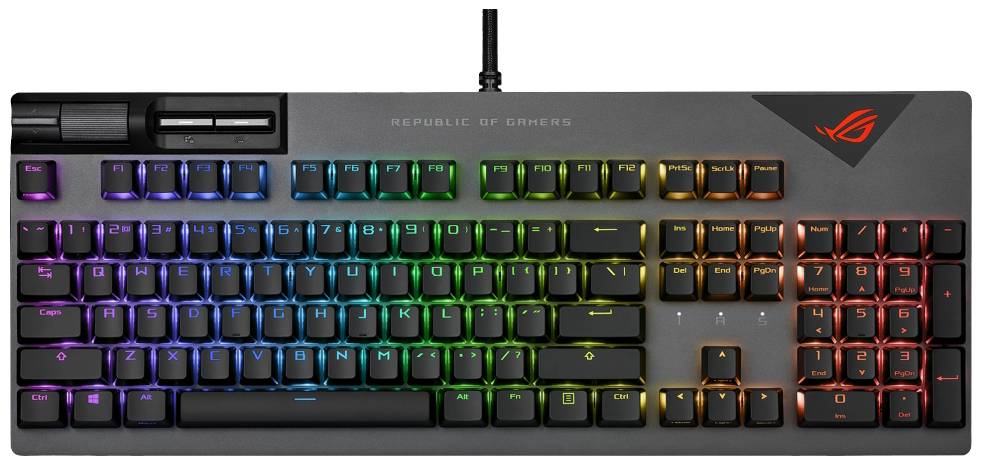 Tastatur mit RGB-Beleuchtung und dem Logo der 'Republic of Gamers'. Bunte Lichter leuchten unter den Tasten.