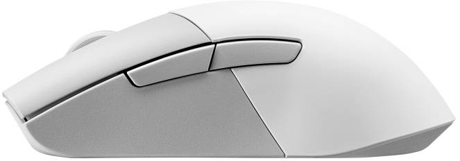 Weiße, drahtlose Computermaus mit zwei Seitentasten, Seitenansicht.