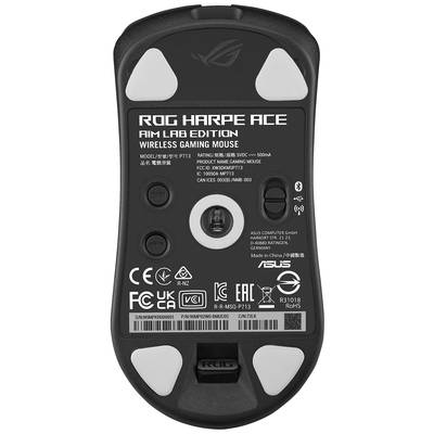 Die Unterseite einer 'ROG Harpe Ace Aim Lab Edition' kabellosen Gaming-Maus mit Modell- und Zertifizierungsinformationen.