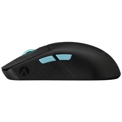 Eine schwarze, ergonomische Gaming-Maus mit zwei blauen Seitentasten und einem beleuchteten Scrollrad, Ansicht von der Seite.