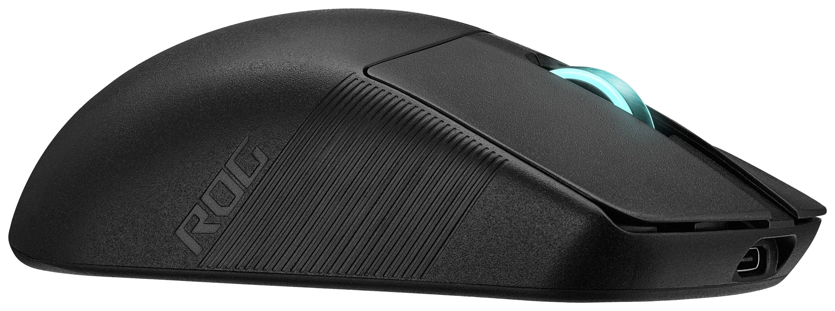 Eine schwarze, ergonomische Gaming-Maus von der Seite, mit einem leuchtenden blauen Scrollrad. Ideal für präzises Gaming.