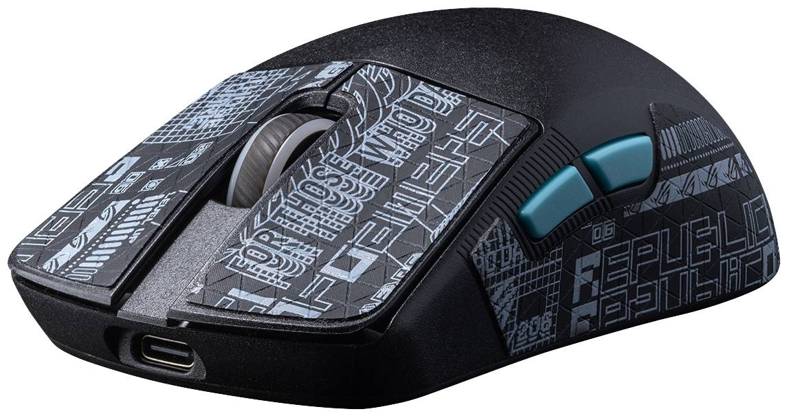 Eine schwarze Computermaus mit dekorativen grafischen Mustern und zwei seitlichen Tasten.