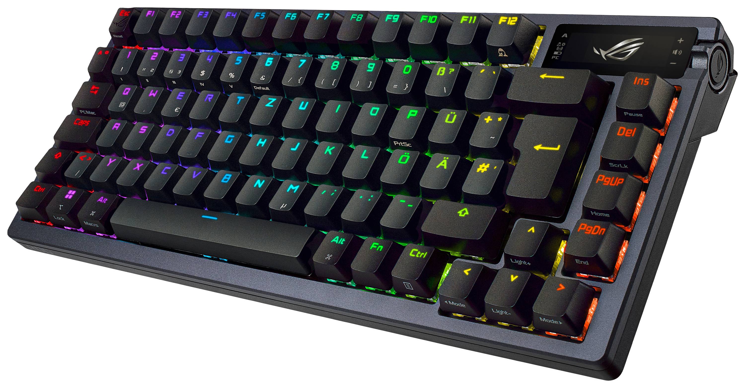 Eine mechanische Tastatur mit buntem RGB-Hintergrundlicht. Sie hat spezielle Funktionstasten und ein markantes Logo oben rechts.