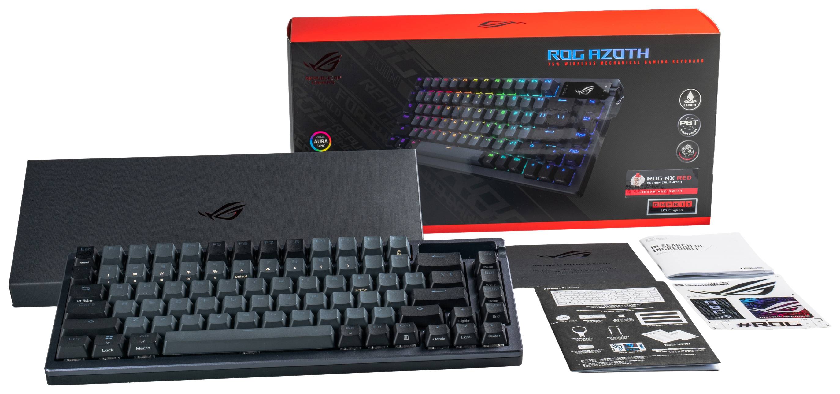 Tastatur-Set enthält mechanische Gaming-Tastatur mit RGB-Beleuchtung, Verpackung, Handbuch und Zubehör.