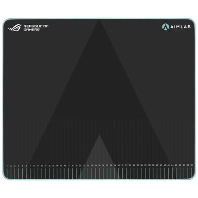 Ein Mauspad mit schwarzem Hintergrund. Oben links steht 'Republic of Gamers', rechts 'Aimlab'. Zahlenskala unten von 0 bis 50.