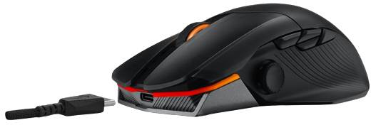 Schwarze, ergonomische Gaming-Maus mit leuchtenden LEDs und USB-Anschluss, geeignet für präzises Spielen und Komfort.
