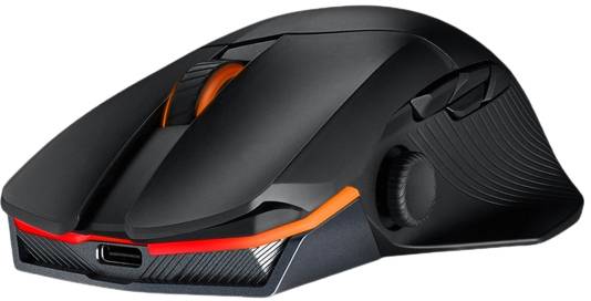 Schwarze Gaming-Maus mit orangefarbenem Scrollrad und schlankem, ergonomischem Design, geeignet für präzises Spielen und Komfort.
