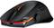 Schwarze Gaming-Maus mit orangefarbenem Scrollrad und schlankem, ergonomischem Design, geeignet für präzises Spielen und Komfort.
