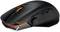Schwarze Gaming-Maus mit orangenem Leuchtelement auf der Oberseite, mehreren Funktionstasten und ergonomischem Design.