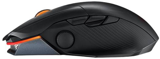 Schwarze Gaming-Maus mit ergonomischem Design, drei Daumentasten und einem beleuchteten Scrollrad.