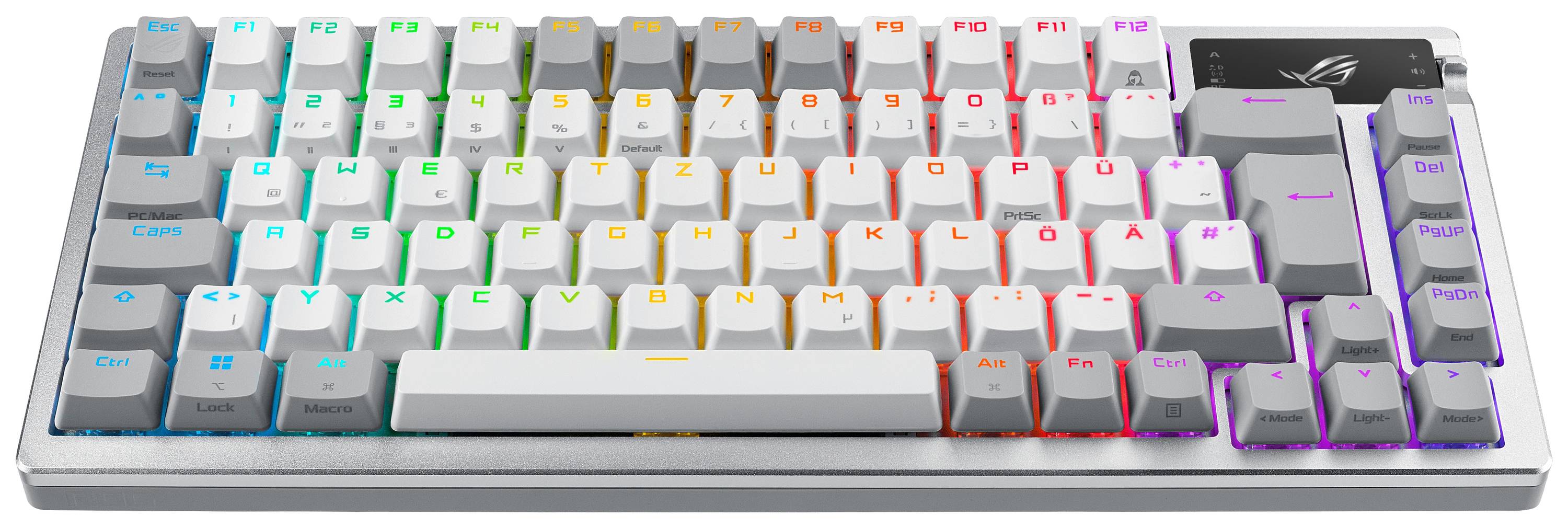 Mechanische Tastatur mit RGB-Hintergrundbeleuchtung. Layout: QWERTZ. Tasten in verschiedenen Farben beleuchtet, auf Aluminium-Gehäuse.
