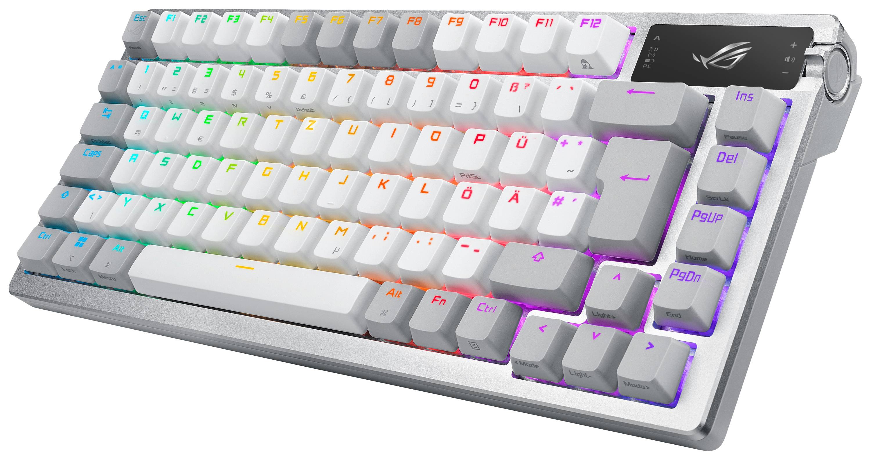 Beleuchtete mechanische Gaming-Tastatur mit RGB-Effekten, kompaktes Design, abnehmbare Tasten, silberweißes Gehäuse.