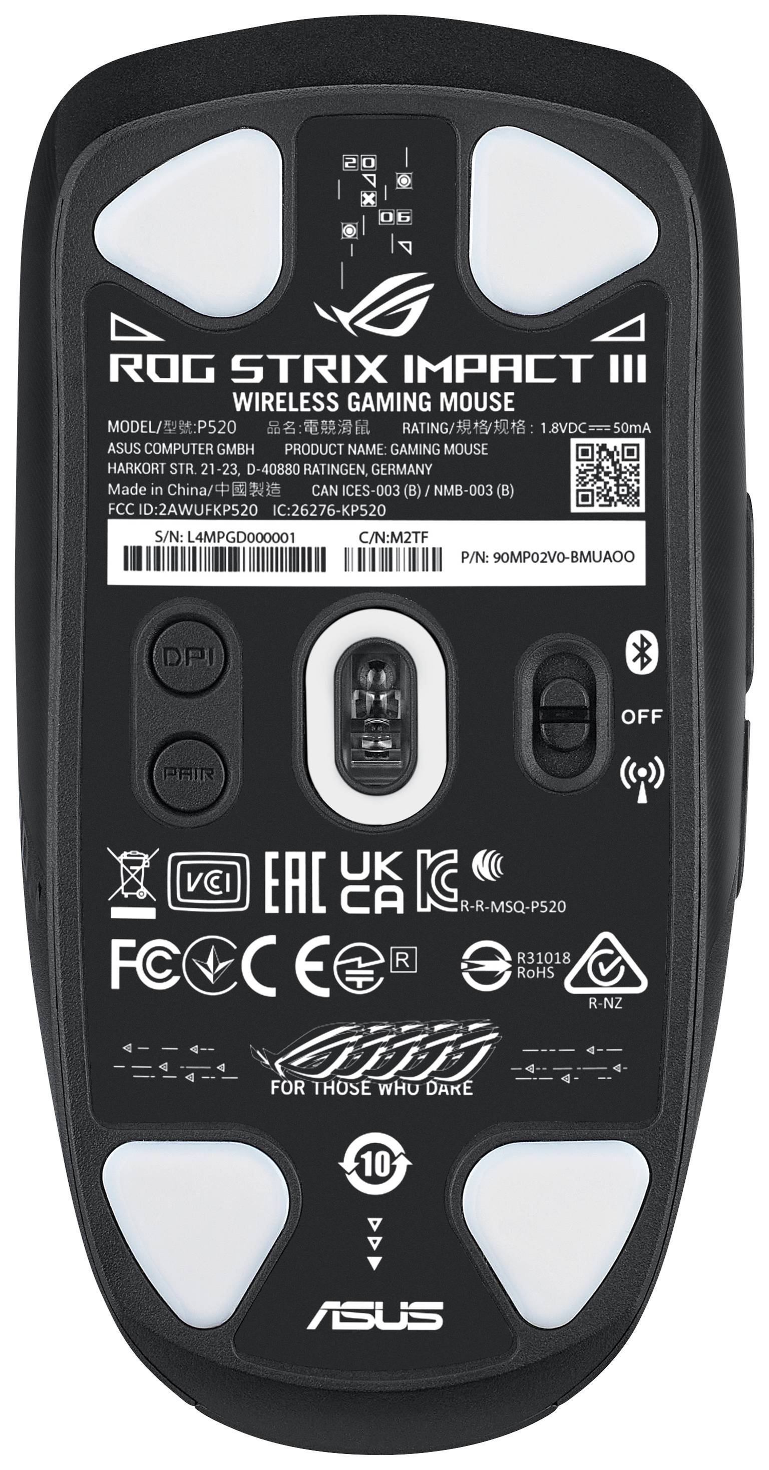 'Unterseite einer kabellosen Gaming-Maus mit verschiedenen Logos und technischen Informationen, dpi-Taste und Ein-/Aus-Schalter.'