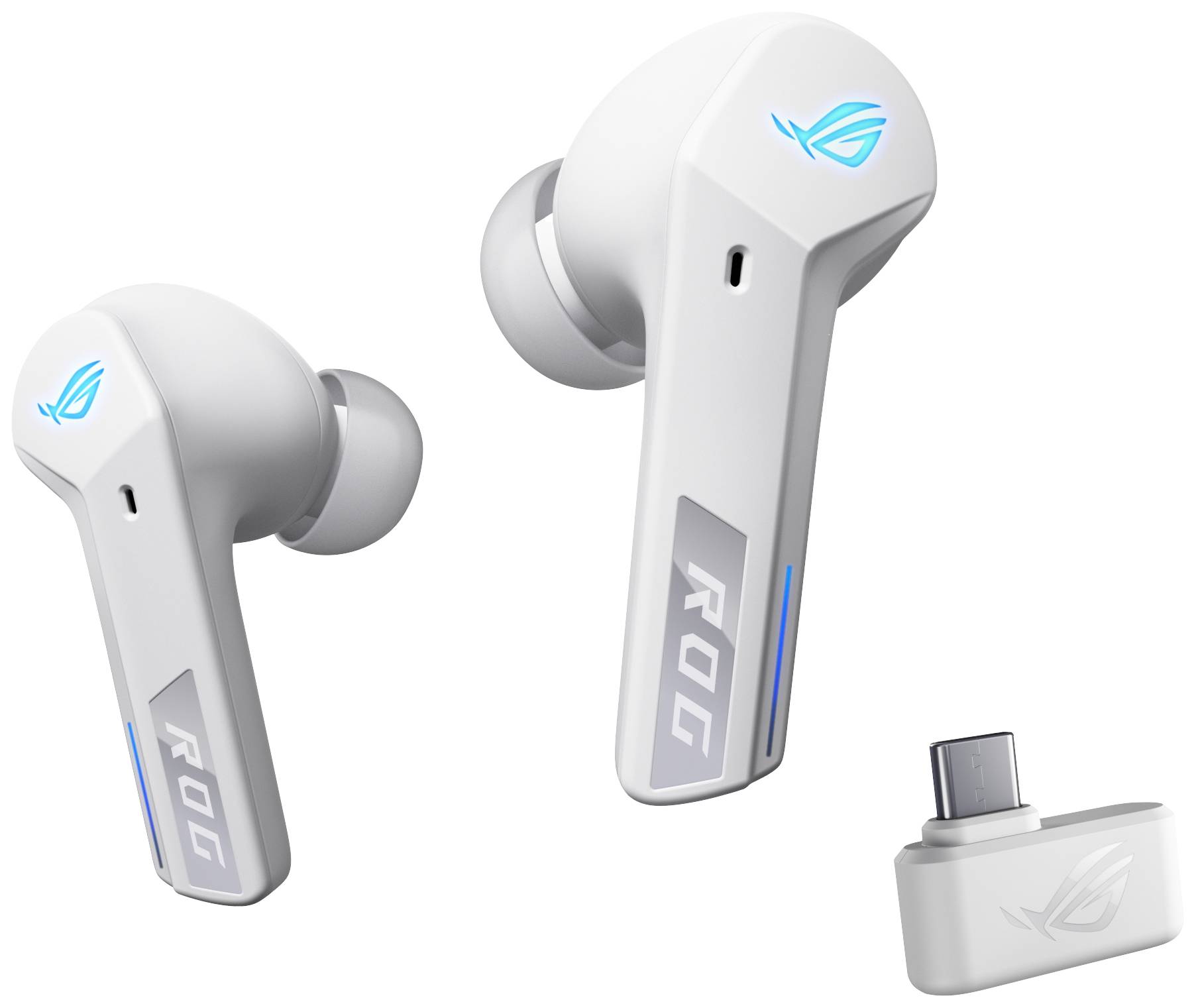 Weiße kabellose In-Ear-Kopfhörer von ROG mit USB-C-Dongle. Sie sind für Gaming ausgelegt und zeigen ein dezentes blau leuchtendes Logo.