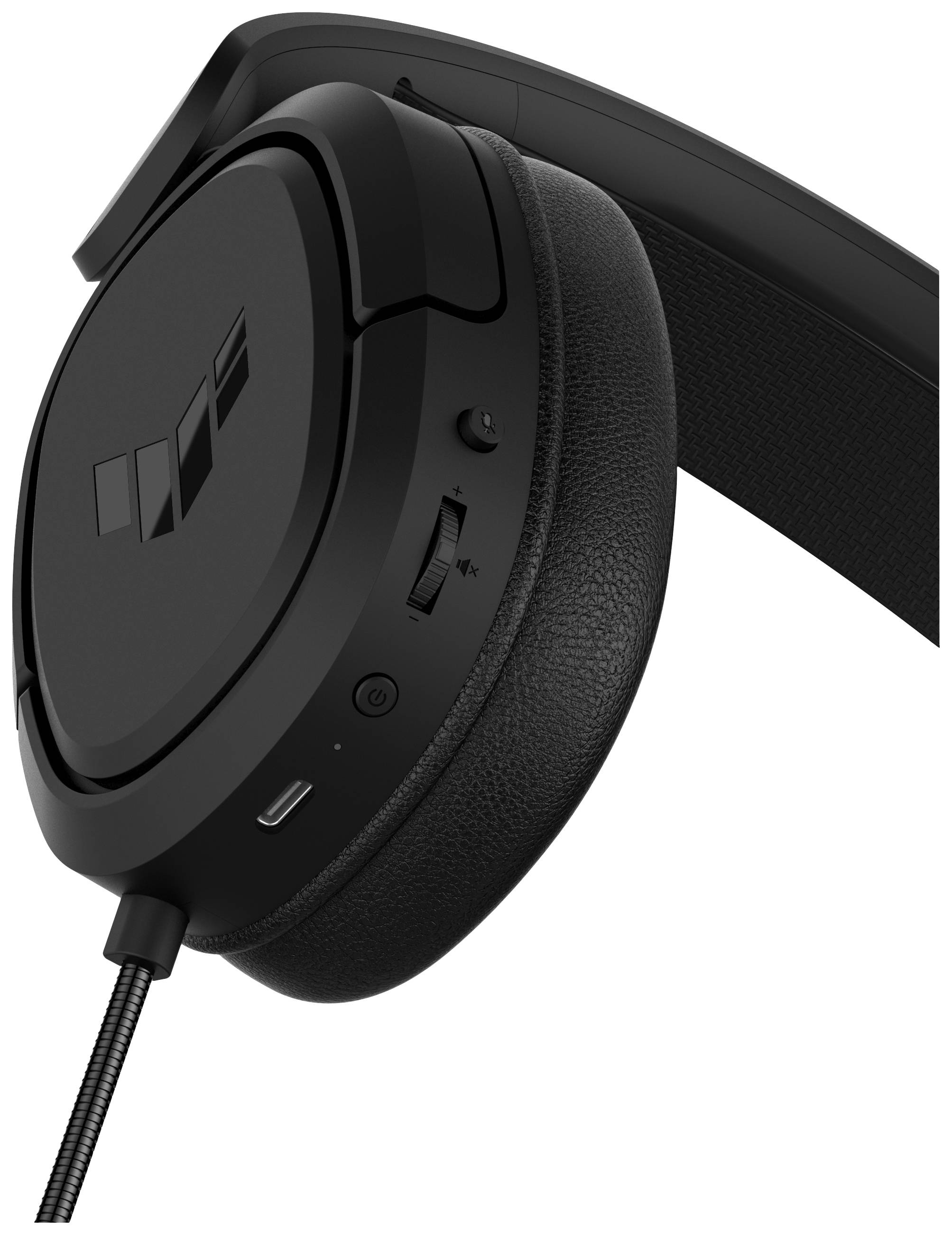 Schwarzer, drahtgebundener Over-Ear-Kopfhörer mit Lautstärkeregler und USB-Anschluss, seitliche Ansicht.